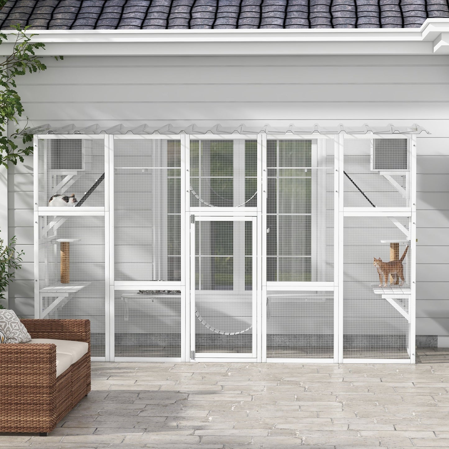 Catio, Large Outdoor Cat Enclosure with Cat Condos, Platforms, Ladders, Doors, Weather-Resistant Roof, Wooden Cat Cage for 1-4 Cats, White