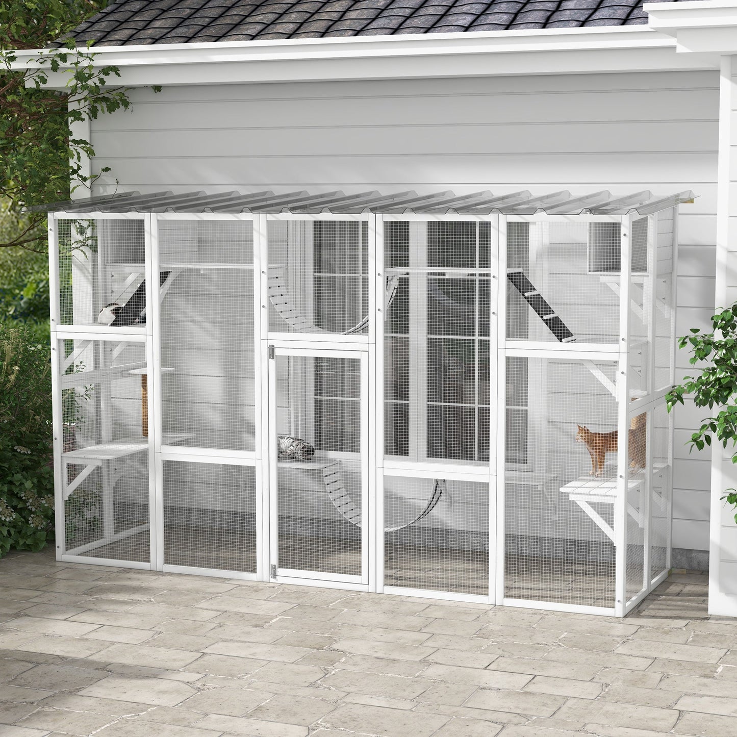 Catio, Large Outdoor Cat Enclosure with Cat Condos, Platforms, Ladders, Doors, Weather-Resistant Roof, Wooden Cat Cage for 1-4 Cats, White