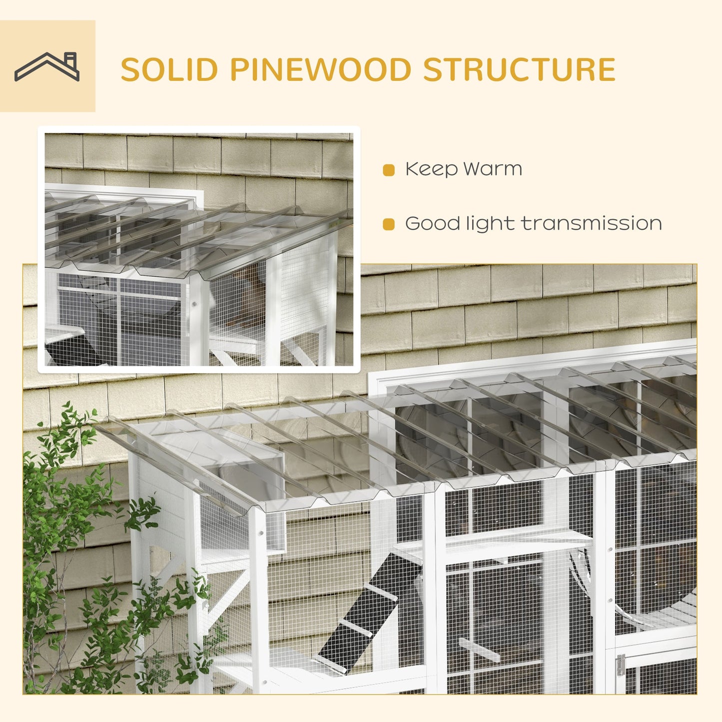 Catio, Large Outdoor Cat Enclosure with Cat Condos, Platforms, Ladders, Doors, Weather-Resistant Roof, Wooden Cat Cage for 1-4 Cats, White