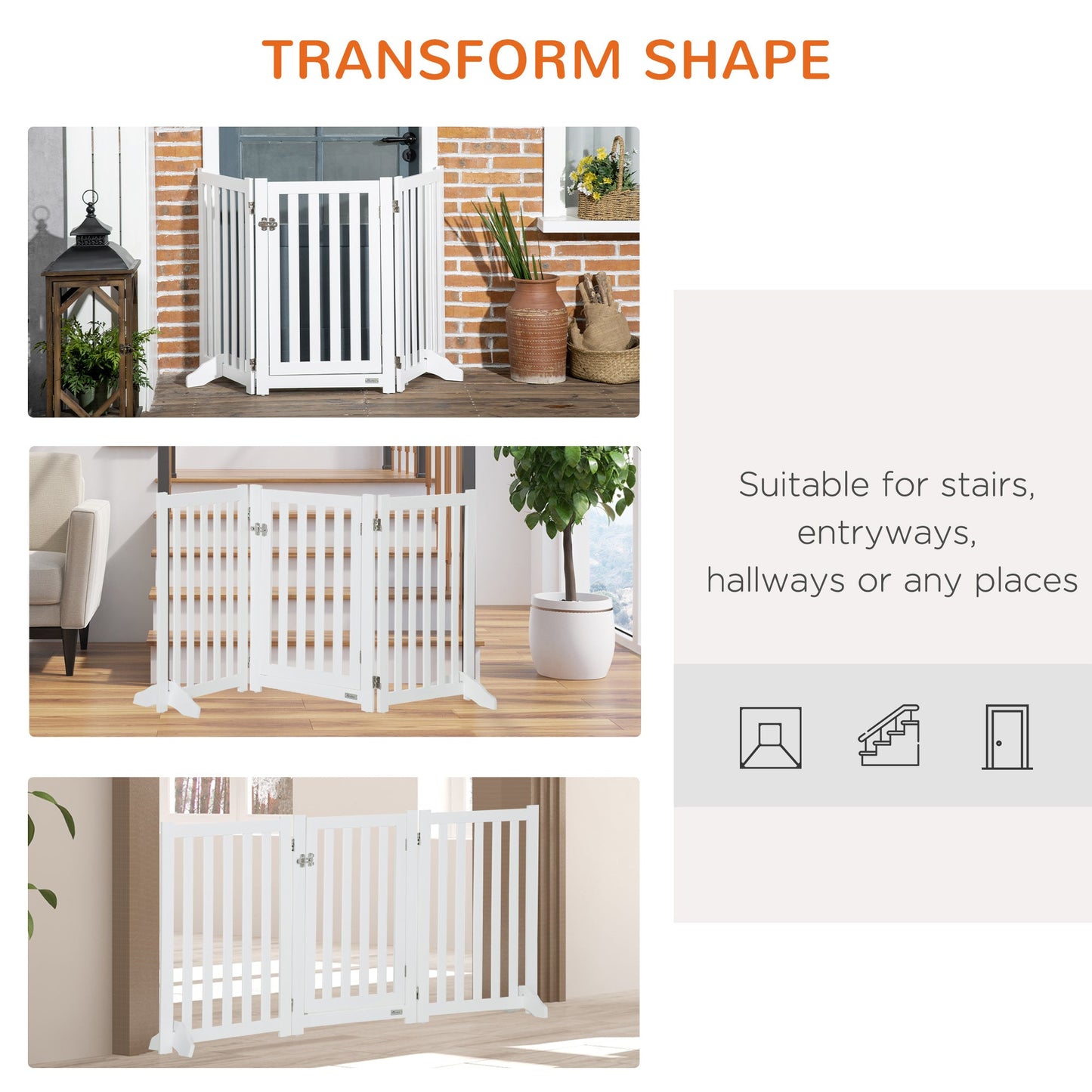 31.5"H Foldable Dog Gate with Door, 3 Panels Freestanding Pet Gate Barriers Indoor with Support Feet, Puppy Fence for Small Medium Dogs, White