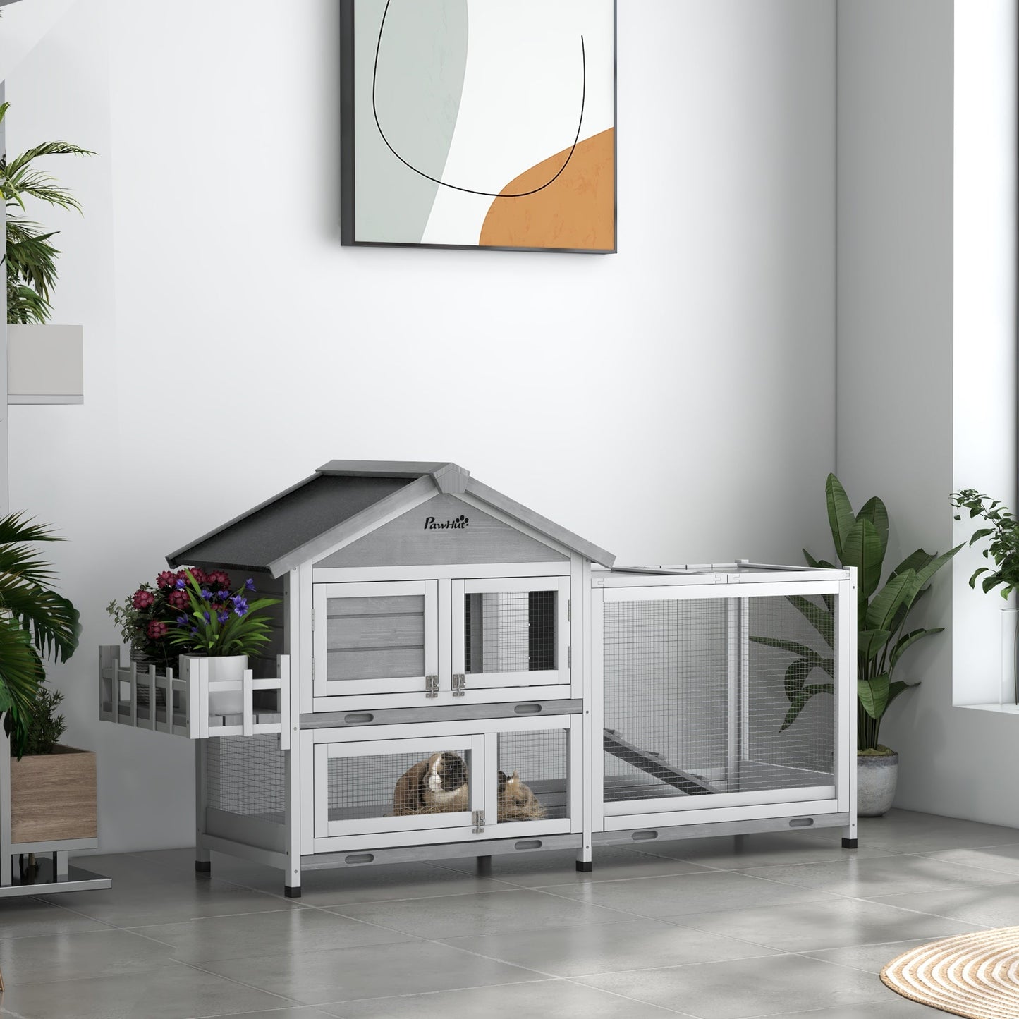 65" Wooden Rabbit Hutch, Pet Playpen with Openable Roof, Bunny House Enclosure with Storage Box, Slide-out Tray, Ramp, for Rabbits and Small Animals, Grey