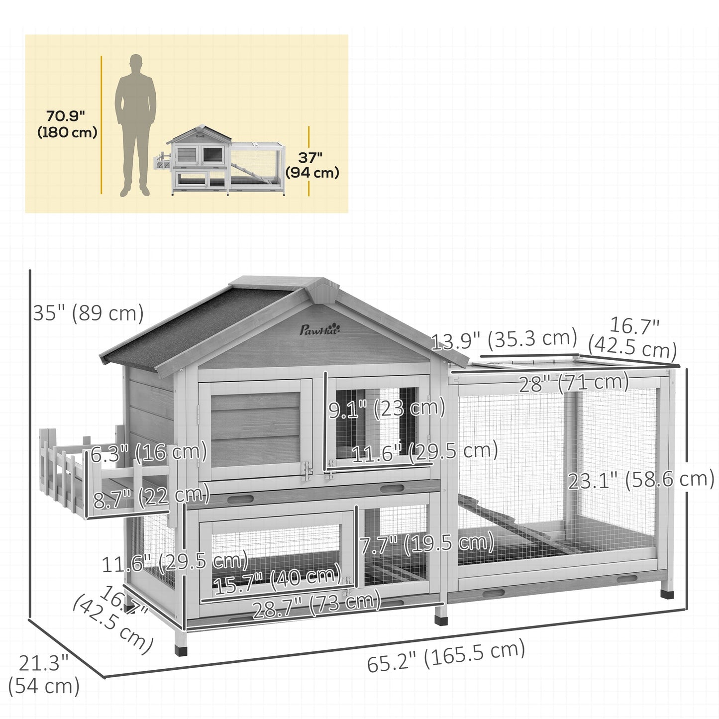 65" Wooden Rabbit Hutch, Pet Playpen with Openable Roof, Bunny House Enclosure with Storage Box, Slide-out Tray, Ramp, for Rabbits and Small Animals, Grey