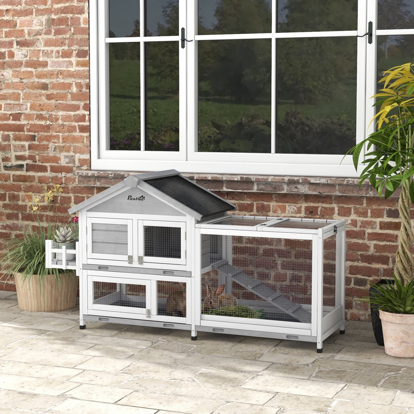 65" Wooden Rabbit Hutch, Pet Playpen with Openable Roof, Bunny House Enclosure with Storage Box, Slide-out Tray, Ramp, for Rabbits and Small Animals, Grey