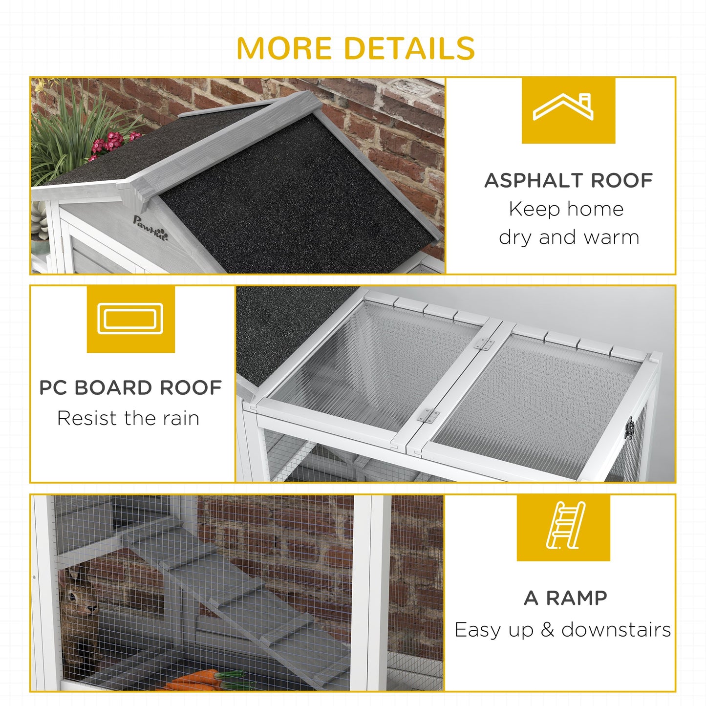 65" Wooden Rabbit Hutch, Pet Playpen with Openable Roof, Bunny House Enclosure with Storage Box, Slide-out Tray, Ramp, for Rabbits and Small Animals, Grey