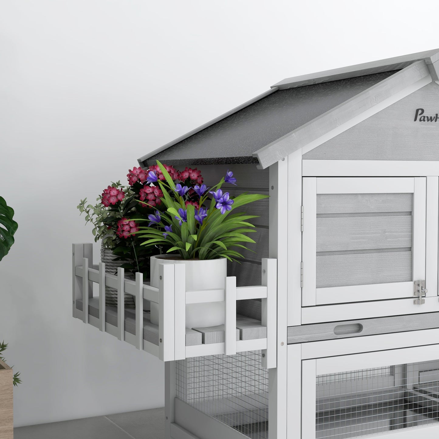 65" Wooden Rabbit Hutch, Pet Playpen with Openable Roof, Bunny House Enclosure with Storage Box, Slide-out Tray, Ramp, for Rabbits and Small Animals, Grey