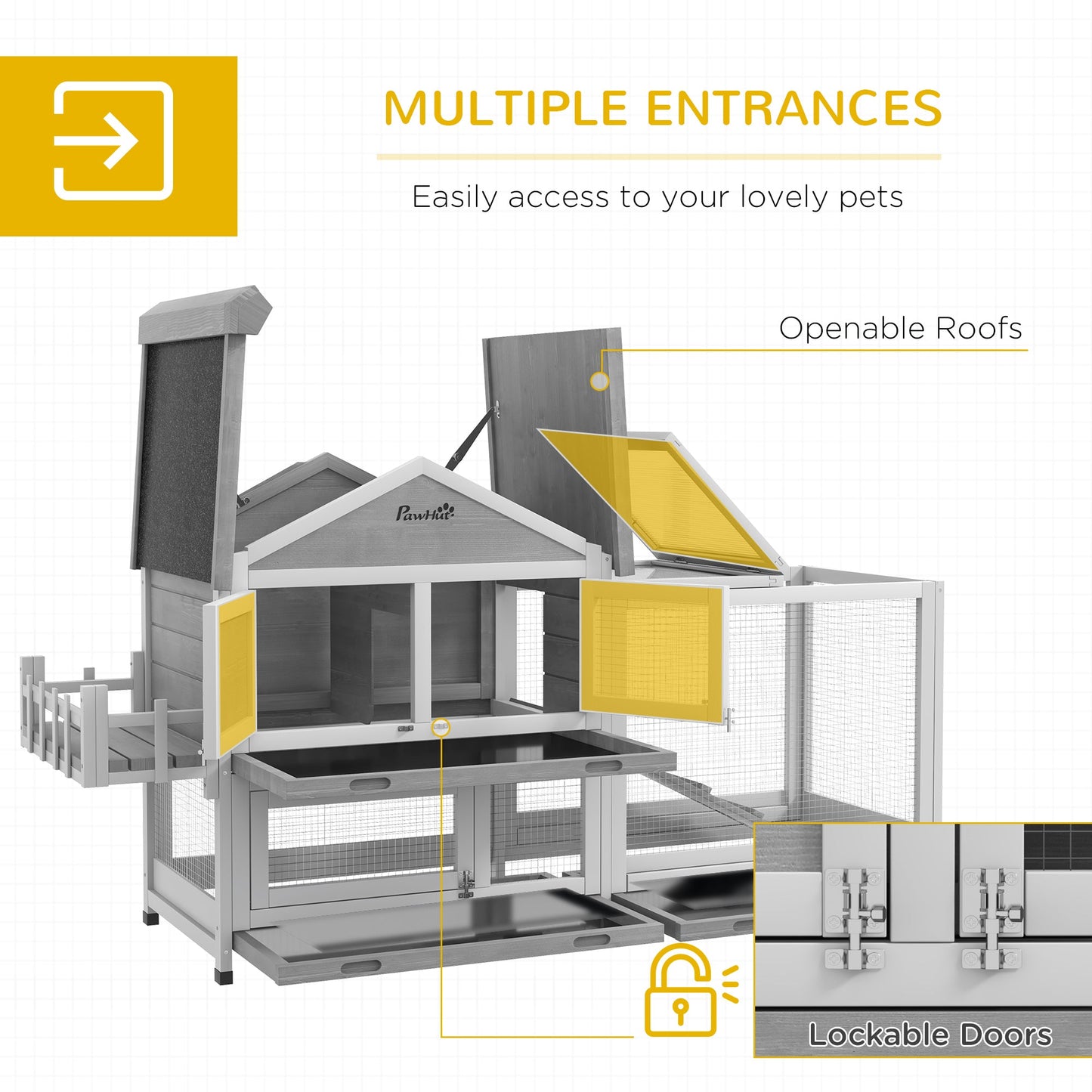 65" Wooden Rabbit Hutch, Pet Playpen with Openable Roof, Bunny House Enclosure with Storage Box, Slide-out Tray, Ramp, for Rabbits and Small Animals, Grey