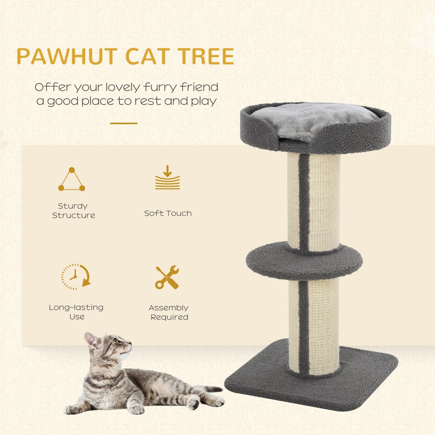 36"H Large Cat Scratching Post for Indoor Cats, Bold Cat Tree Multi-Level Kitty Tower with Sisal Mat Scratch Rope, Cat Bed, Removable Cushion, Perch, Grey