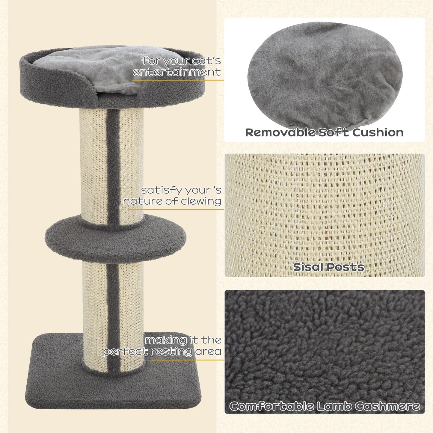 36"H Large Cat Scratching Post for Indoor Cats, Bold Cat Tree Multi-Level Kitty Tower with Sisal Mat Scratch Rope, Cat Bed, Removable Cushion, Perch, Grey