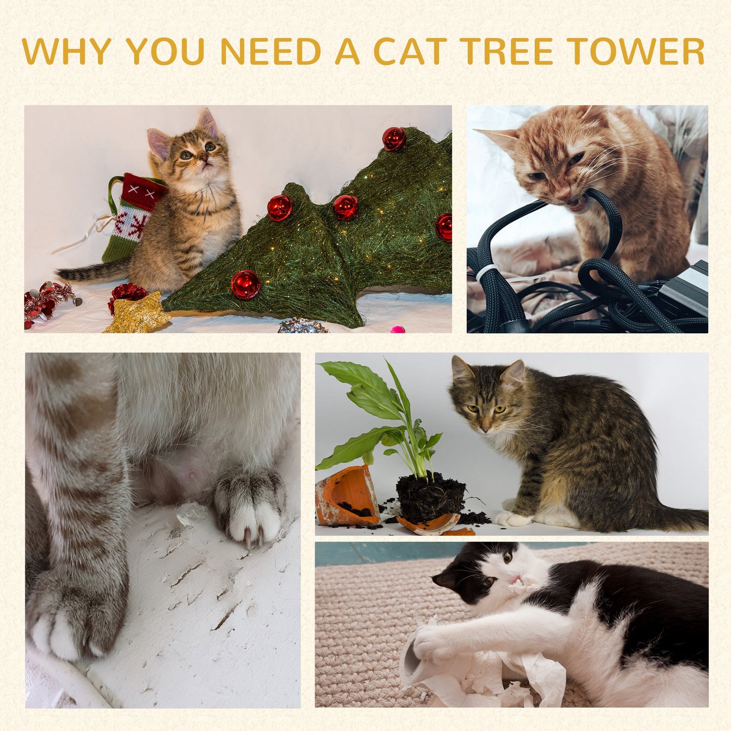 36"H Large Cat Scratching Post for Indoor Cats, Bold Cat Tree Multi-Level Kitty Tower with Sisal Mat Scratch Rope, Cat Bed, Removable Cushion, Perch, Grey