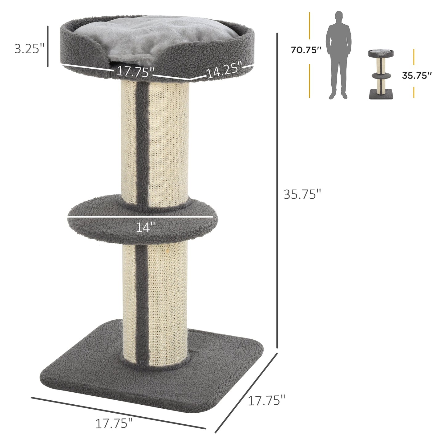 36"H Large Cat Scratching Post for Indoor Cats, Bold Cat Tree Multi-Level Kitty Tower with Sisal Mat Scratch Rope, Cat Bed, Removable Cushion, Perch, Grey