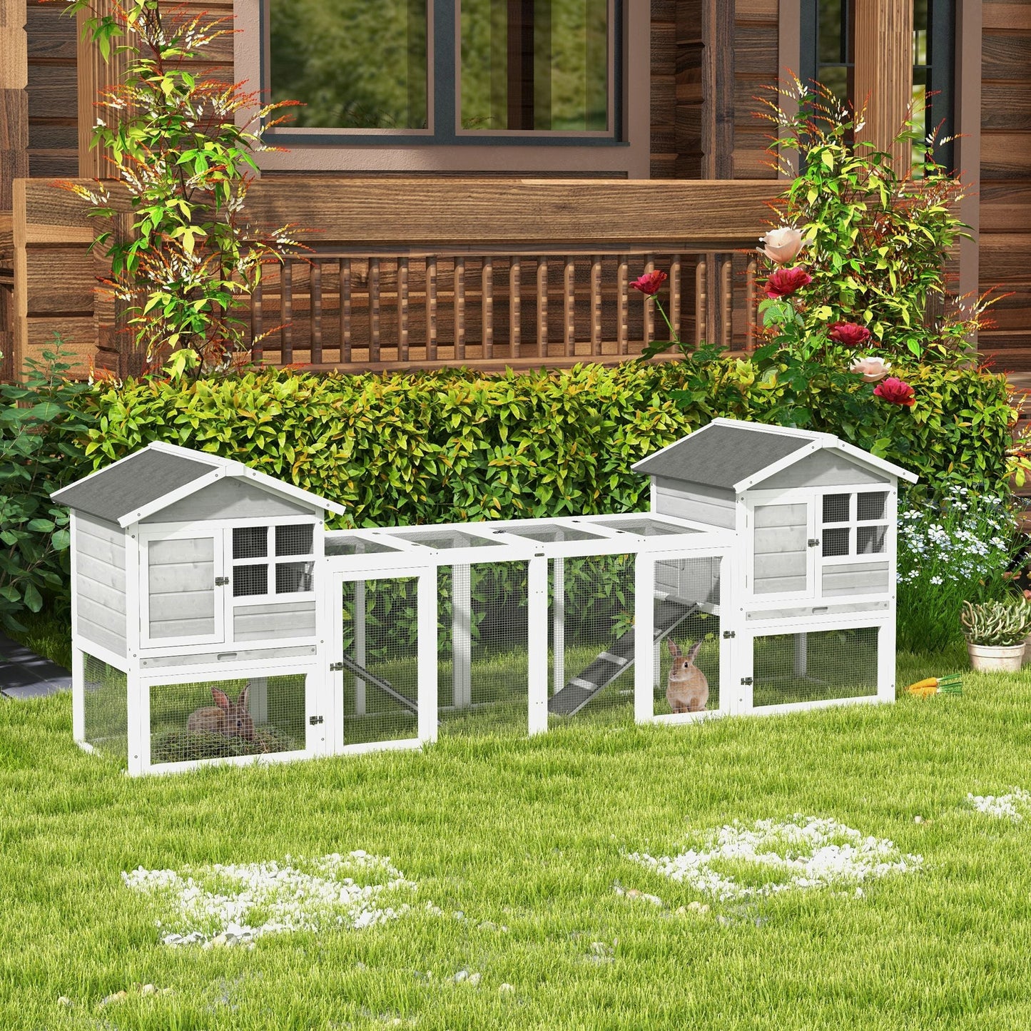 102" 2 in 1 Wooden Rabbit Hutch Chicken Coop with Double Main House, Large Bunny House Pet Playpen Enclosure for Indoor Outdoor with Run Box, Slide-Out Tray, Ramp, for Small Animals, Grey