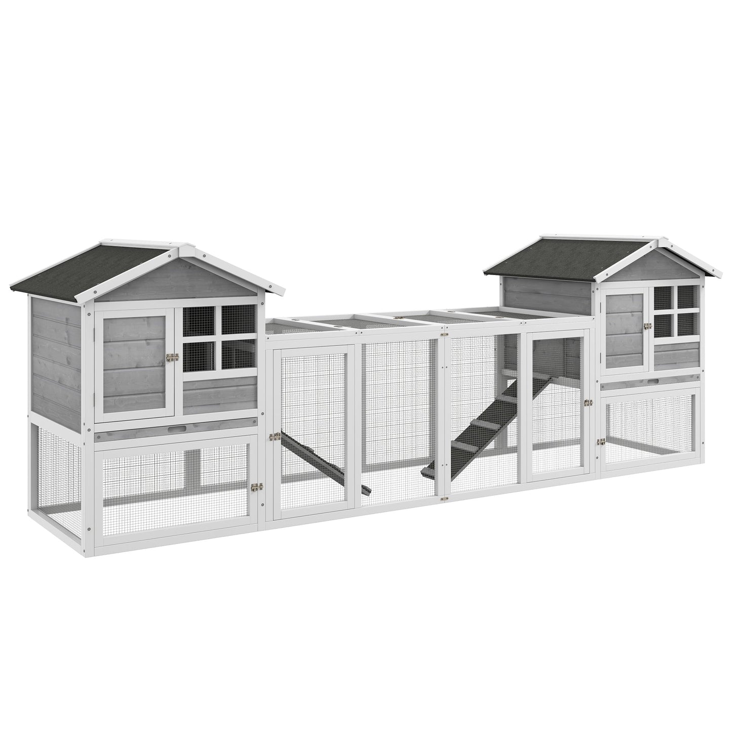 102" 2 in 1 Wooden Rabbit Hutch Chicken Coop with Double Main House, Large Bunny House Pet Playpen Enclosure for Indoor Outdoor with Run Box, Slide-Out Tray, Ramp, for Small Animals, Grey