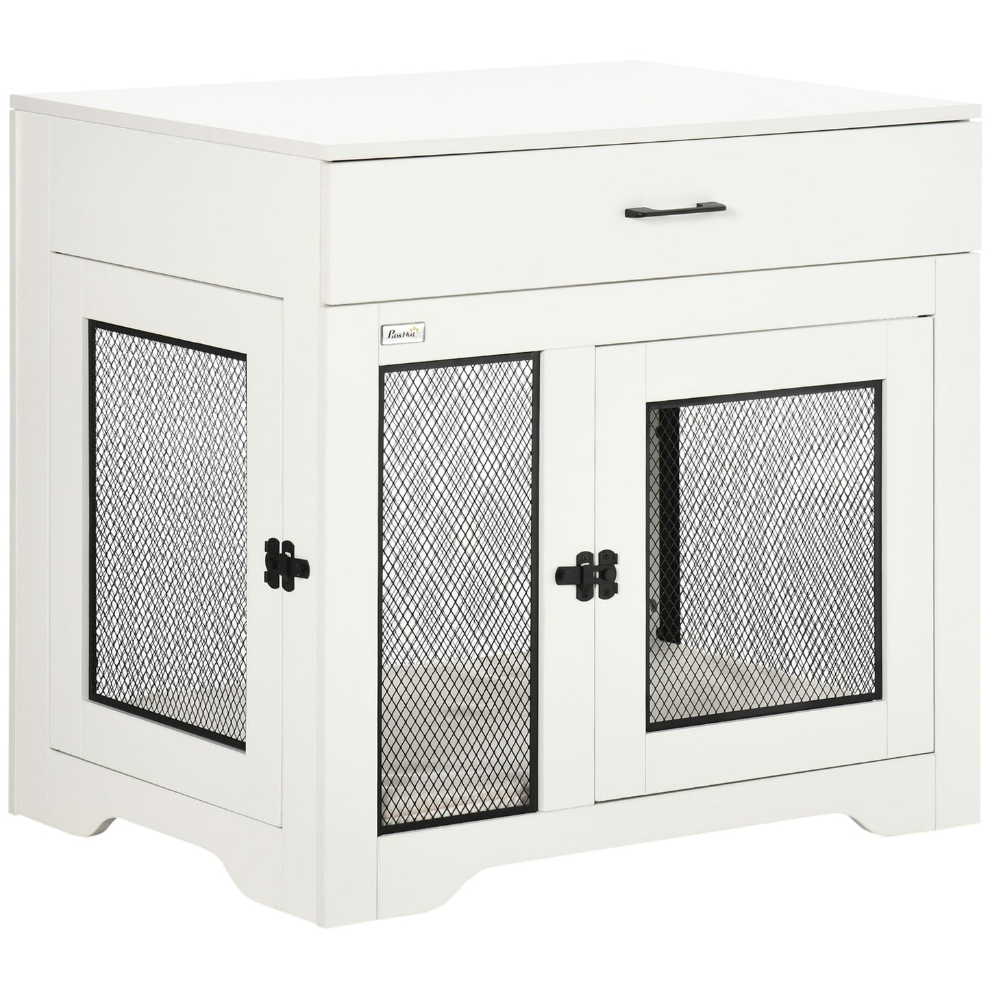 32in Dog Crate Furniture with Cushion, Indoor Pet Kennel End Table with Storage, 2 Doors, for Small Medium Dogs, White