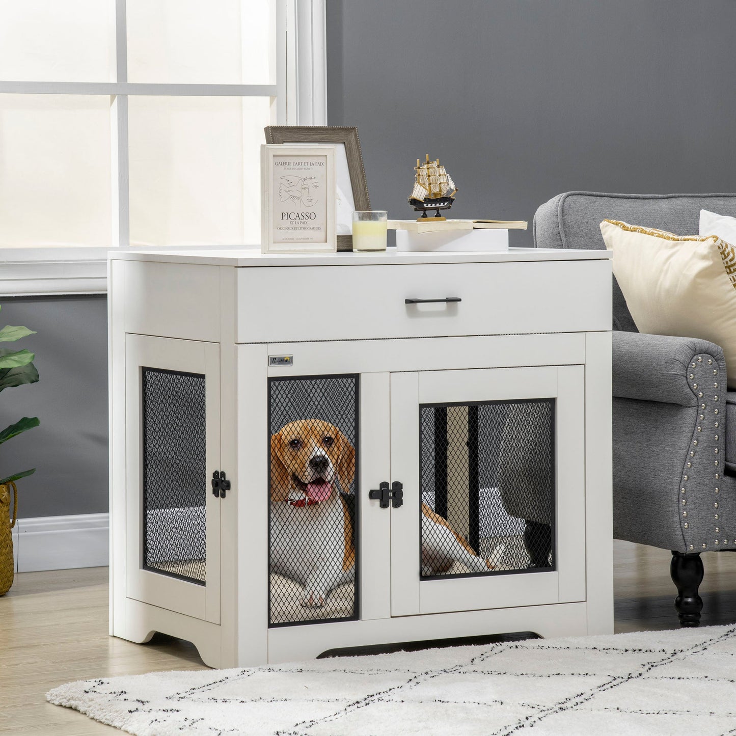 32in Dog Crate Furniture with Cushion, Indoor Pet Kennel End Table with Storage, 2 Doors, for Small Medium Dogs, White