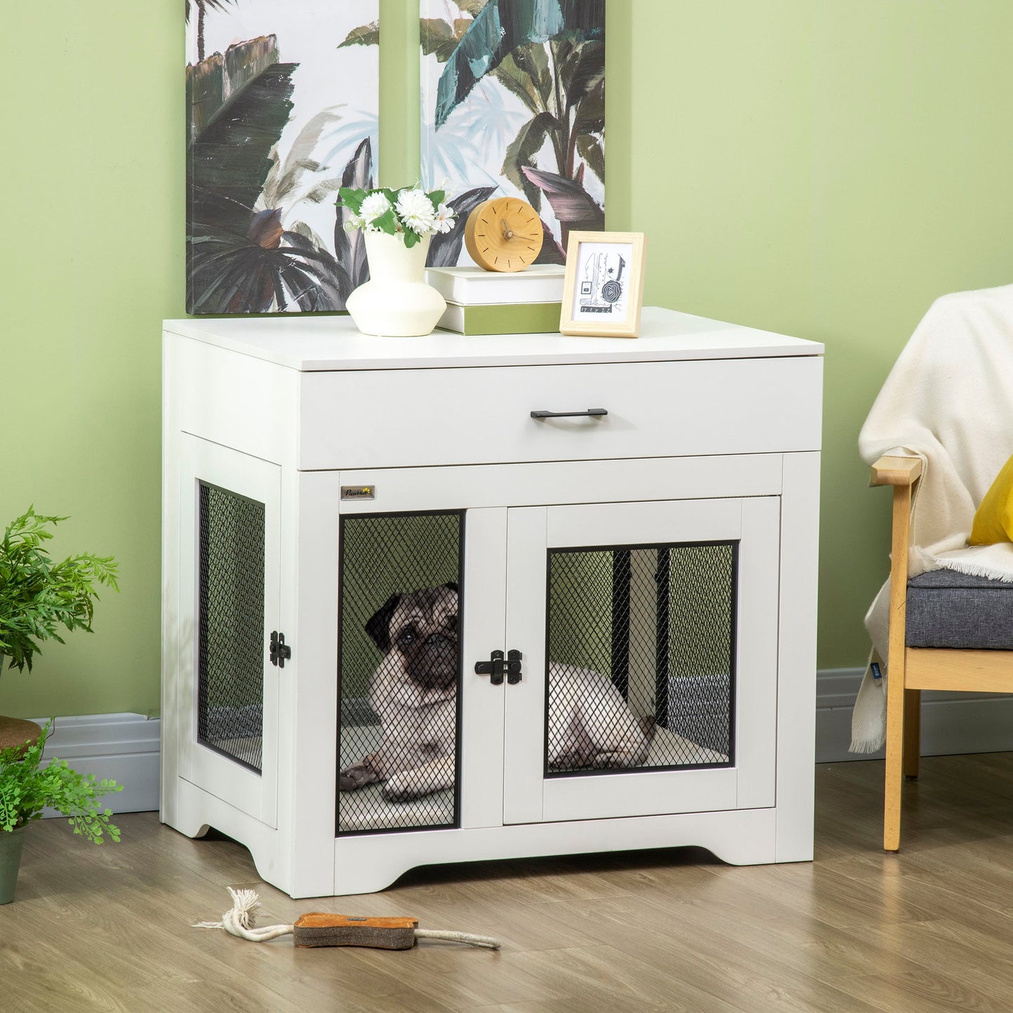 32in Dog Crate Furniture with Cushion, Indoor Pet Kennel End Table with Storage, 2 Doors, for Small Medium Dogs, White