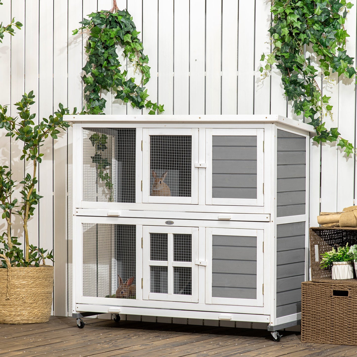 Wooden Rabbit Hutch, 2 Tier Bunny Cage with Wheels, Waterproof Roof, Removable Tray, Guinea Pig Cage for Outdoor & Indoor, Dark Grey