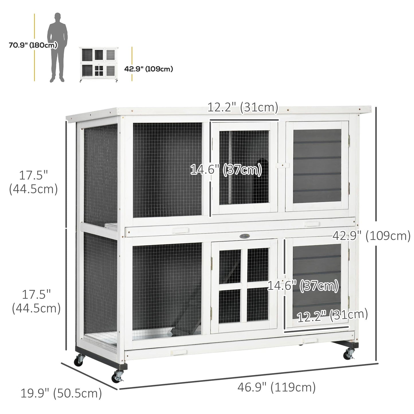 Wooden Rabbit Hutch, 2 Tier Bunny Cage with Wheels, Waterproof Roof, Removable Tray, Guinea Pig Cage for Outdoor & Indoor, Dark Grey