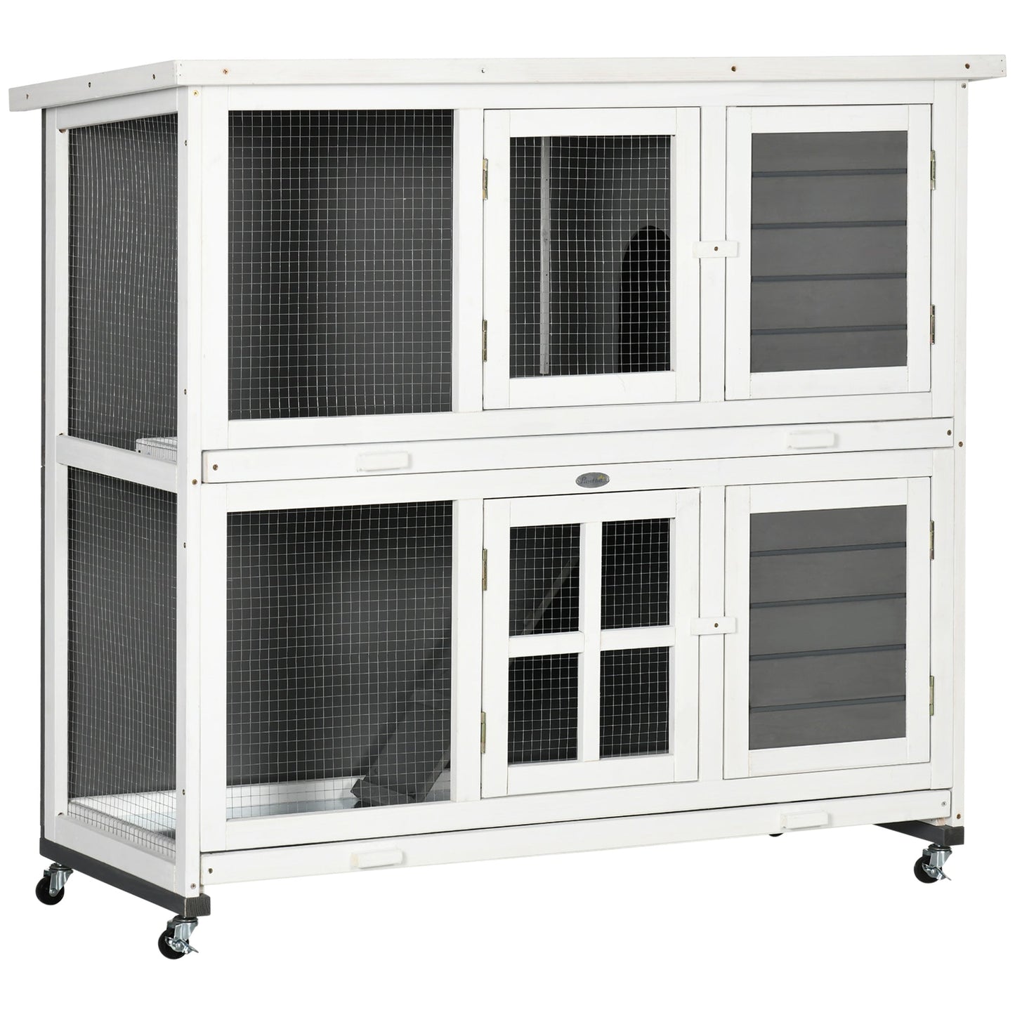 Wooden Rabbit Hutch, 2 Tier Bunny Cage with Wheels, Waterproof Roof, Removable Tray, Guinea Pig Cage for Outdoor & Indoor, Dark Grey