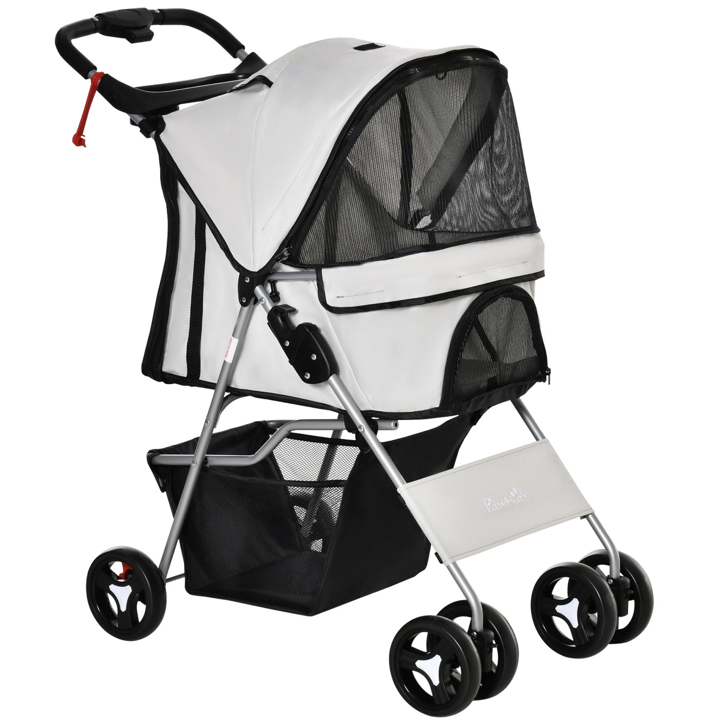 Dog Stroller, One-click Folding Pet Stroller with Cup Holder, 4 Wheels Travel Carrier w/ Brakes, 360° Swiveling Front Wheels, Storage Basket, for XS/Small Dogs Cats, Grey