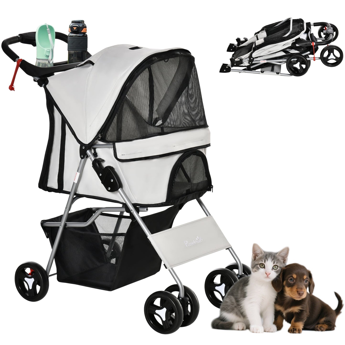Dog Stroller, One-click Folding Pet Stroller with Cup Holder, 4 Wheels Travel Carrier w/ Brakes, 360° Swiveling Front Wheels, Storage Basket, for XS/Small Dogs Cats, Grey