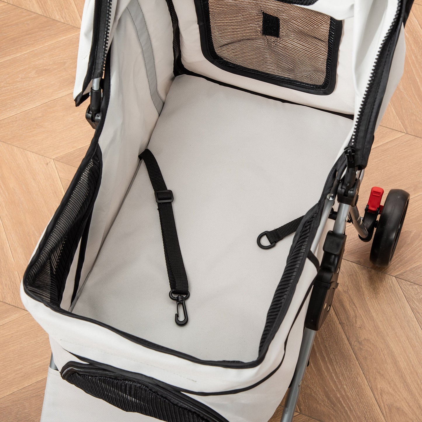 Dog Stroller, One-click Folding Pet Stroller with Cup Holder, 4 Wheels Travel Carrier w/ Brakes, 360° Swiveling Front Wheels, Storage Basket, for XS/Small Dogs Cats, Grey