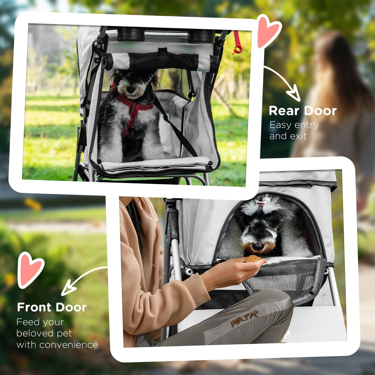 Dog Stroller, One-click Folding Pet Stroller with Cup Holder, 4 Wheels Travel Carrier w/ Brakes, 360° Swiveling Front Wheels, Storage Basket, for XS/Small Dogs Cats, Grey