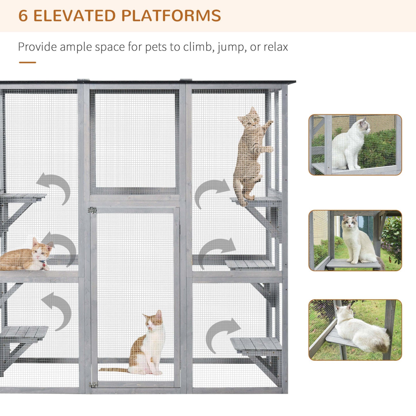 Large Outdoor Catio Enclosure, Weatherproof Cat House with Asphalt Roof, Wooden Cat Patio Cage with 6 Balanced Platforms, 71" x 39" x 71", Grey