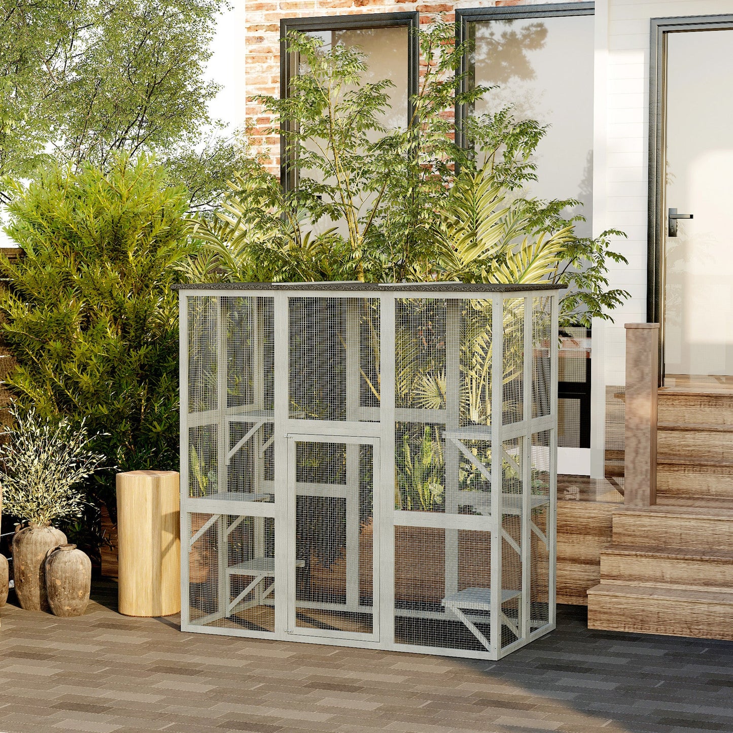 Large Outdoor Catio Enclosure, Weatherproof Cat House with Asphalt Roof, Wooden Cat Patio Cage with 6 Balanced Platforms, 71" x 39" x 71", Grey