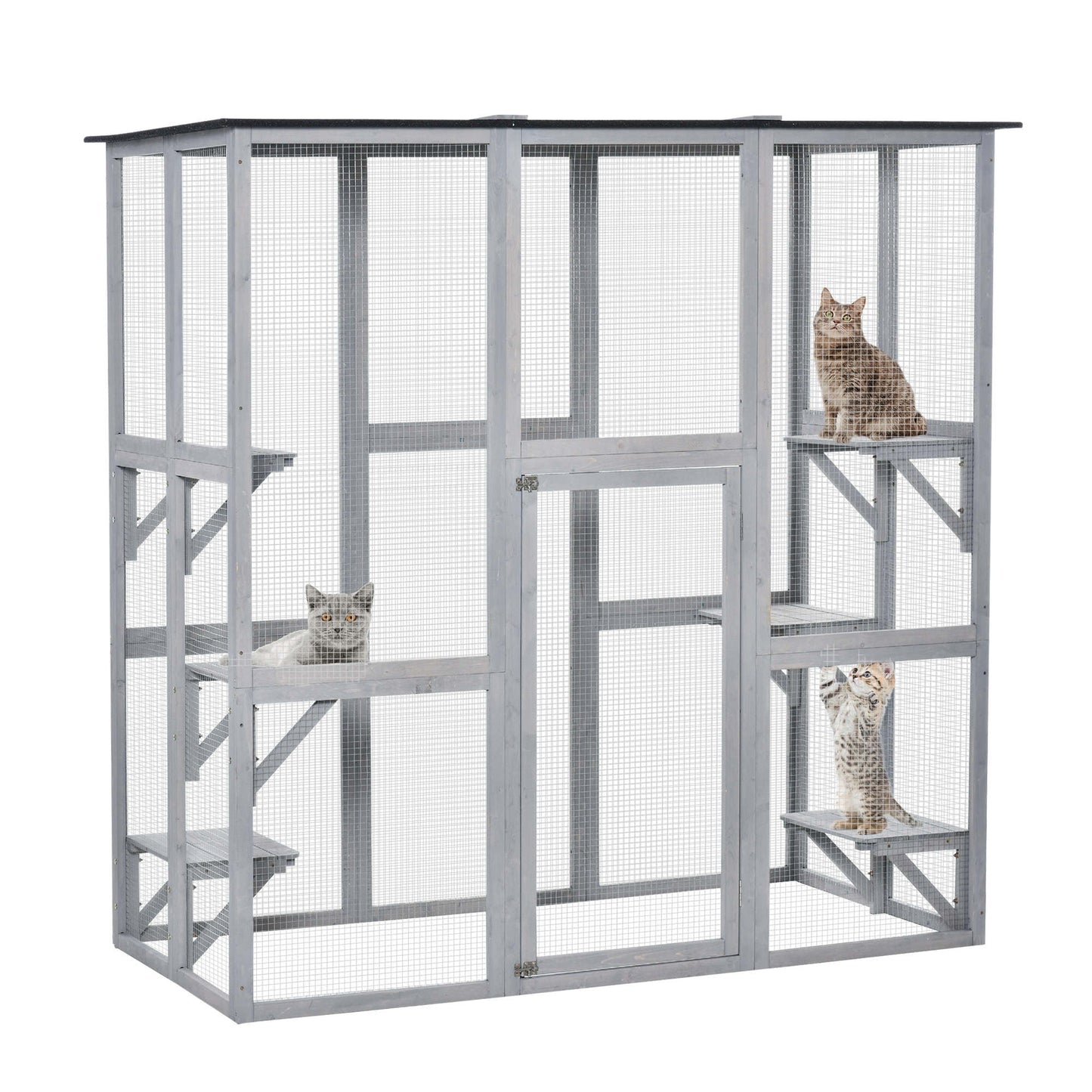 Large Outdoor Catio Enclosure, Weatherproof Cat House with Asphalt Roof, Wooden Cat Patio Cage with 6 Balanced Platforms, 71" x 39" x 71", Grey