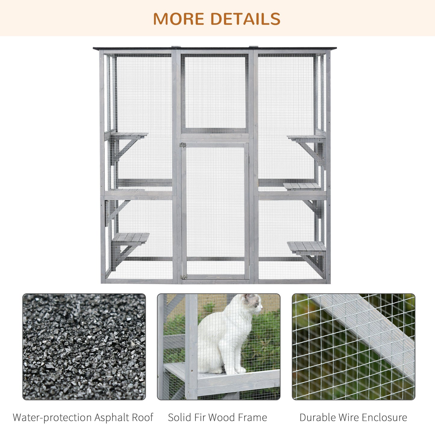 Large Outdoor Catio Enclosure, Weatherproof Cat House with Asphalt Roof, Wooden Cat Patio Cage with 6 Balanced Platforms, 71" x 39" x 71", Grey