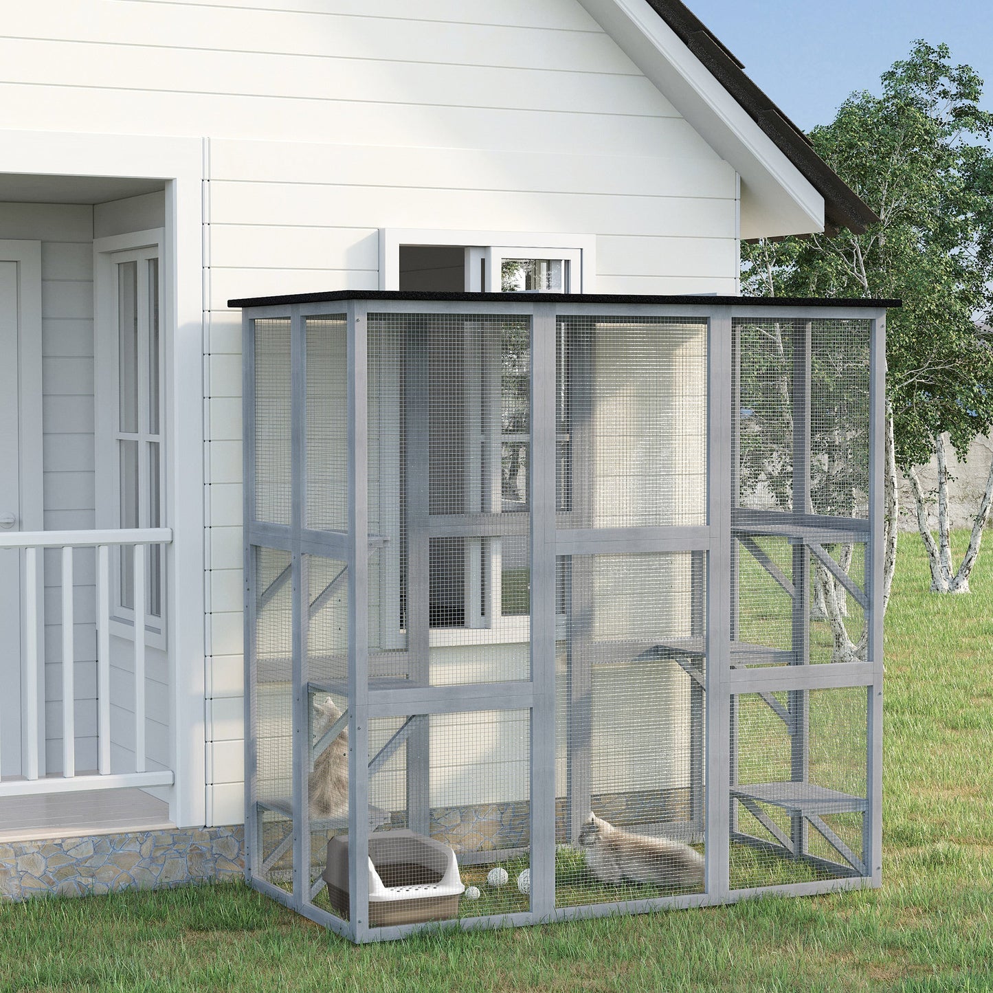 Large Outdoor Catio Enclosure, Weatherproof Cat House with Asphalt Roof, Wooden Cat Patio Cage with 6 Balanced Platforms, 71" x 39" x 71", Grey