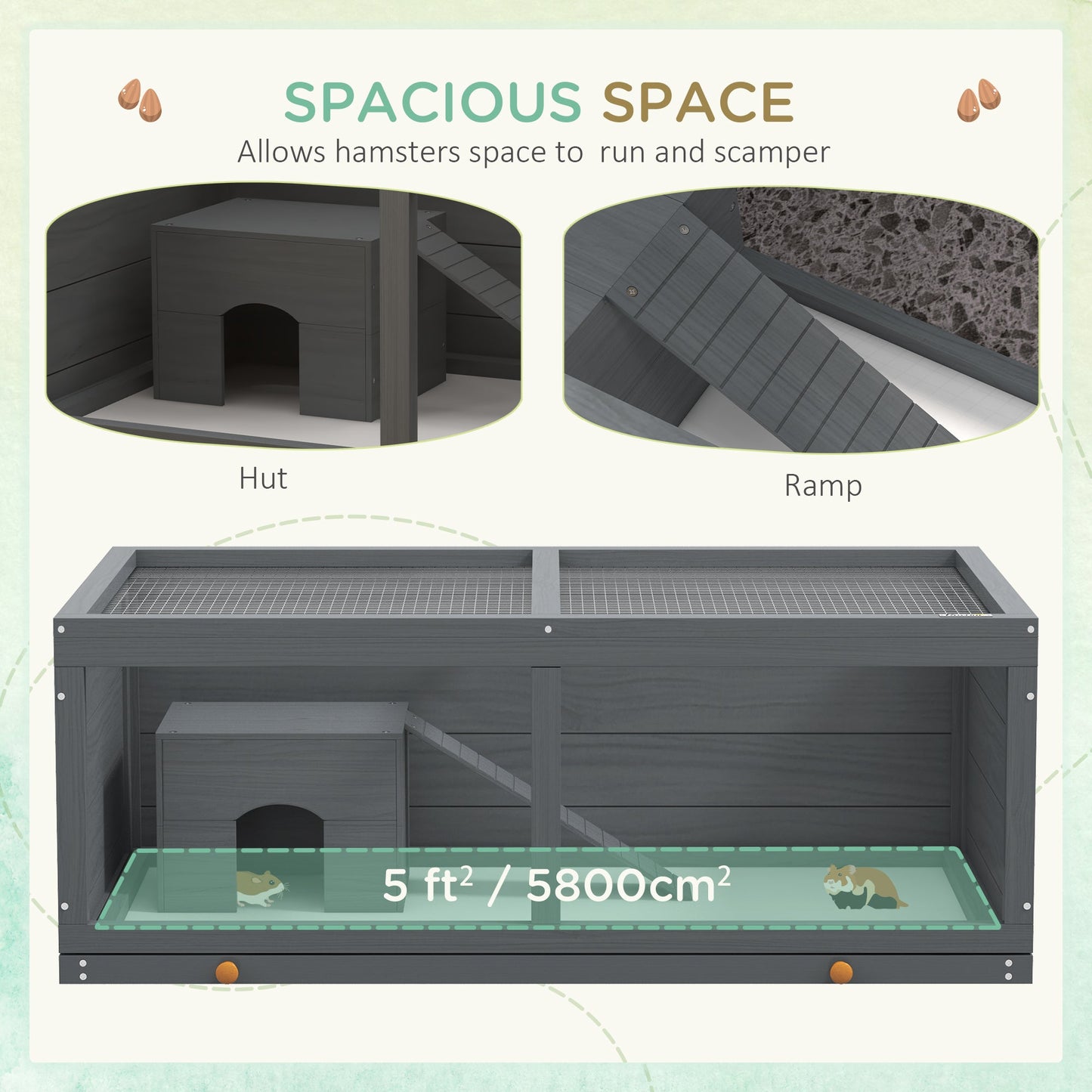 Wooden Hamster Cage, Small Animals Kit Hutch, Exercise Play House for Dwarf Hamsters, Gerbils, Chinchillas, Guinea Pigs, Bunnies, with Sliding Tray, Grey