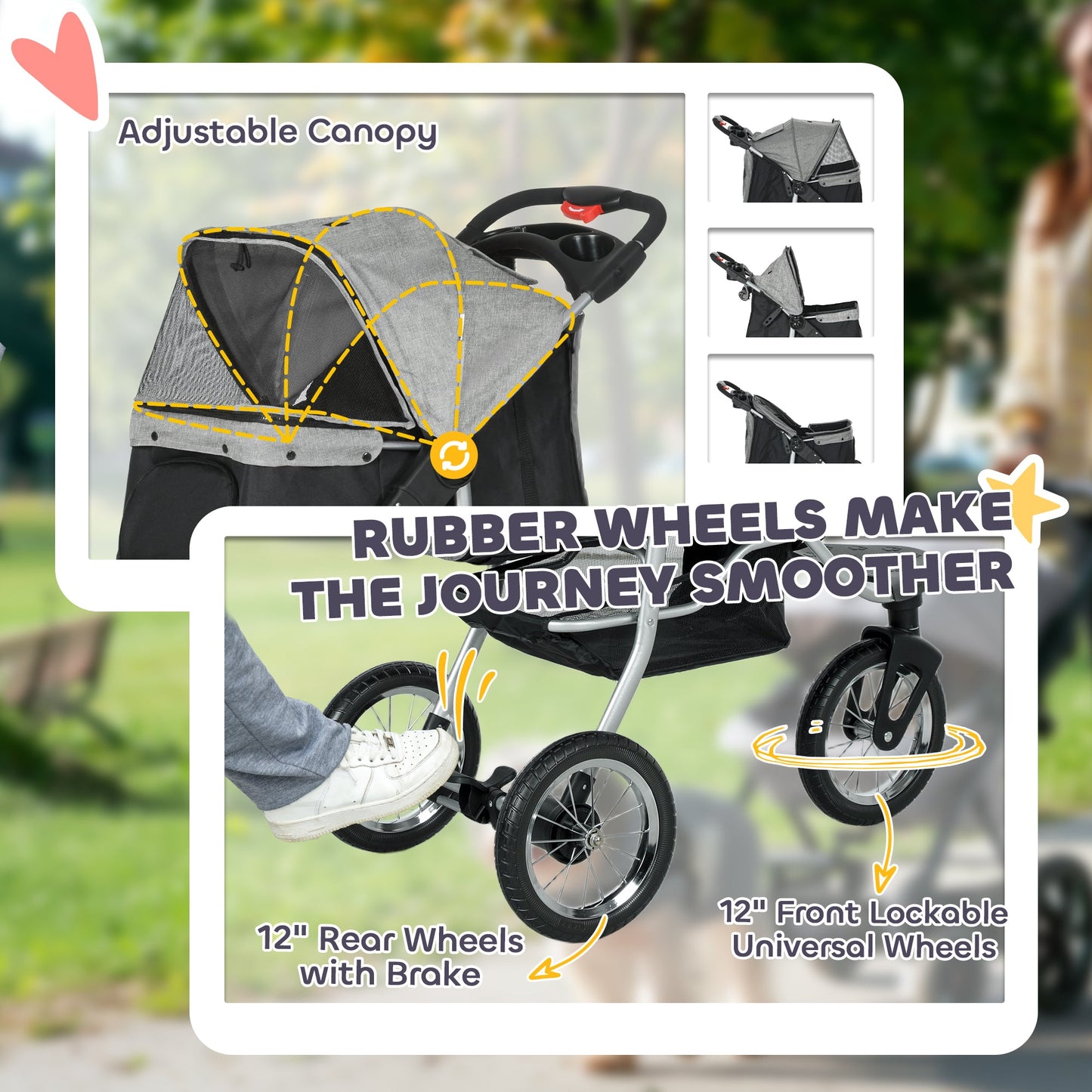 Luxury Pet Stroller Lightweight Dog Cat Travel Carriage with 3-Rubber Wheels, One-click Folding Design, Adjustable Canopy, Zippered Mesh Window Door, Grey