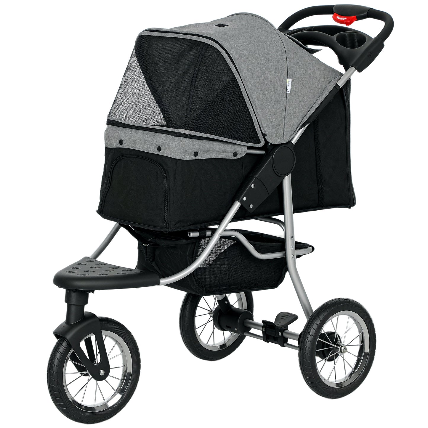 Luxury Pet Stroller Lightweight Dog Cat Travel Carriage with 3-Rubber Wheels, One-click Folding Design, Adjustable Canopy, Zippered Mesh Window Door, Grey