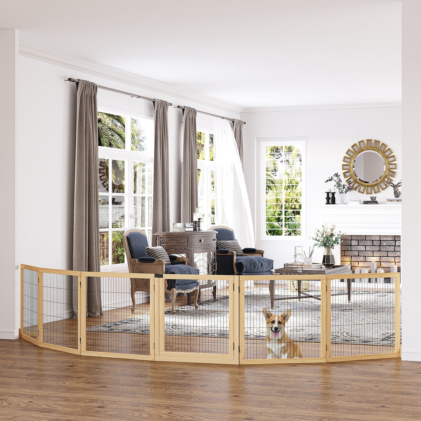 Wooden Pet Gate, Dog Safety Barrier, Freestanding Foldable Fence, w/ 6 Panels, 2 Support Feet, for House Doorway Stairs, Small & Medium Dogs, Natural Wood