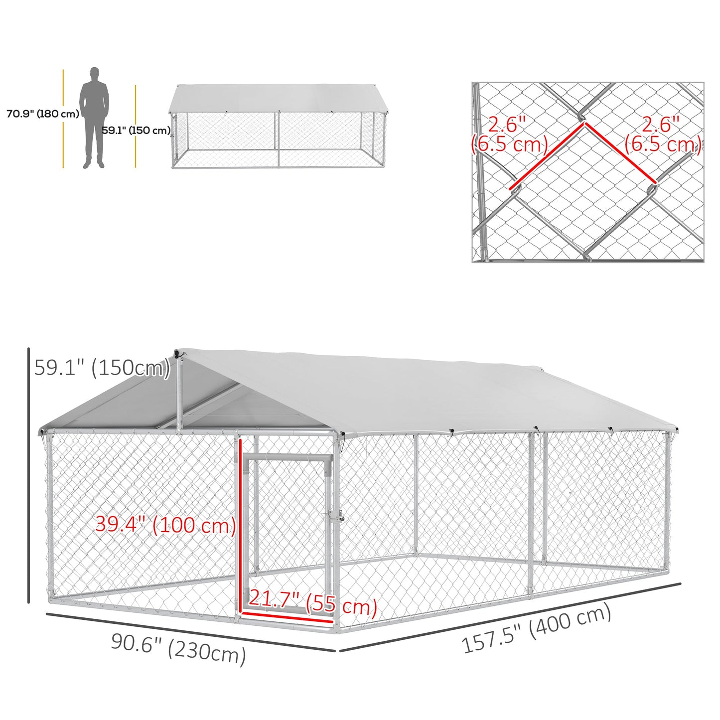 Outdoor Dog Kennel Dog Run with Waterproof, UV Resistant Cover for Medium and Large Sized Dogs, 13.1' x 7.5' x 4.9', Silver