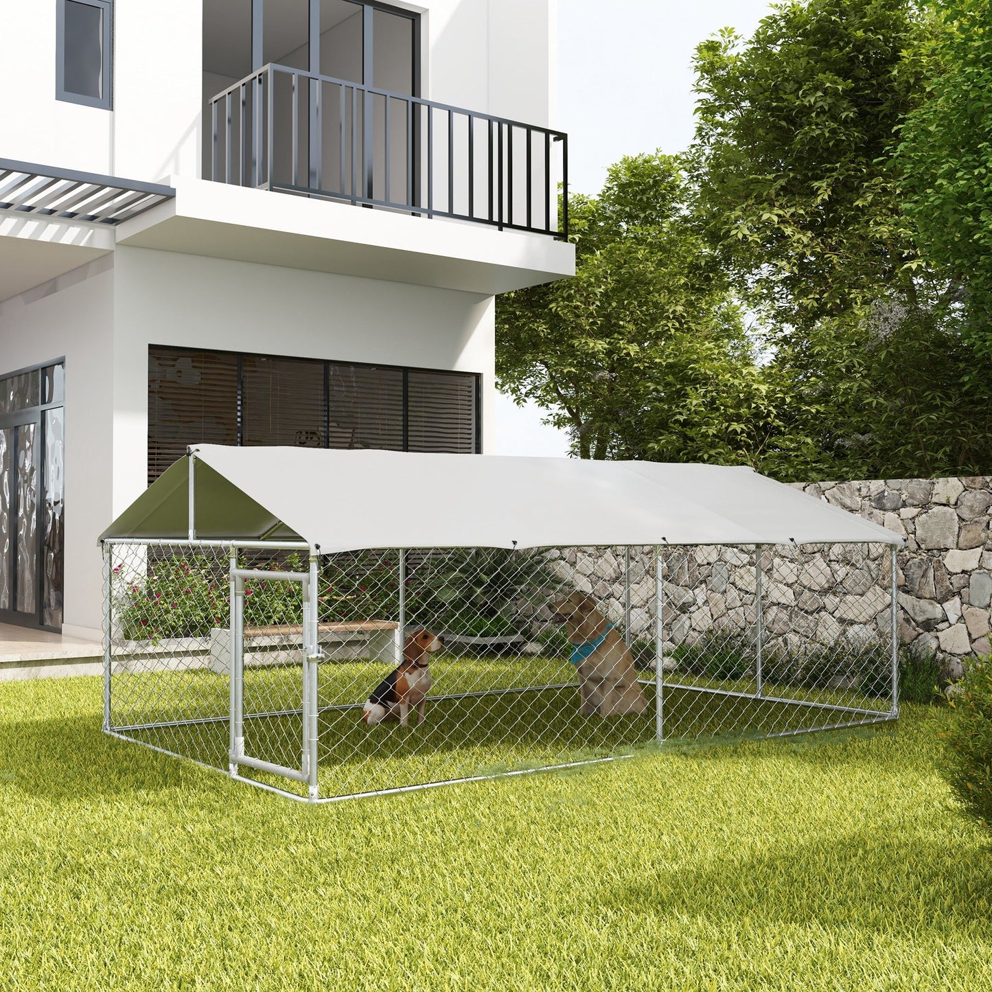 Outdoor Dog Kennel Dog Run with Waterproof, UV Resistant Cover for Medium and Large Sized Dogs, 13.1' x 7.5' x 4.9', Silver