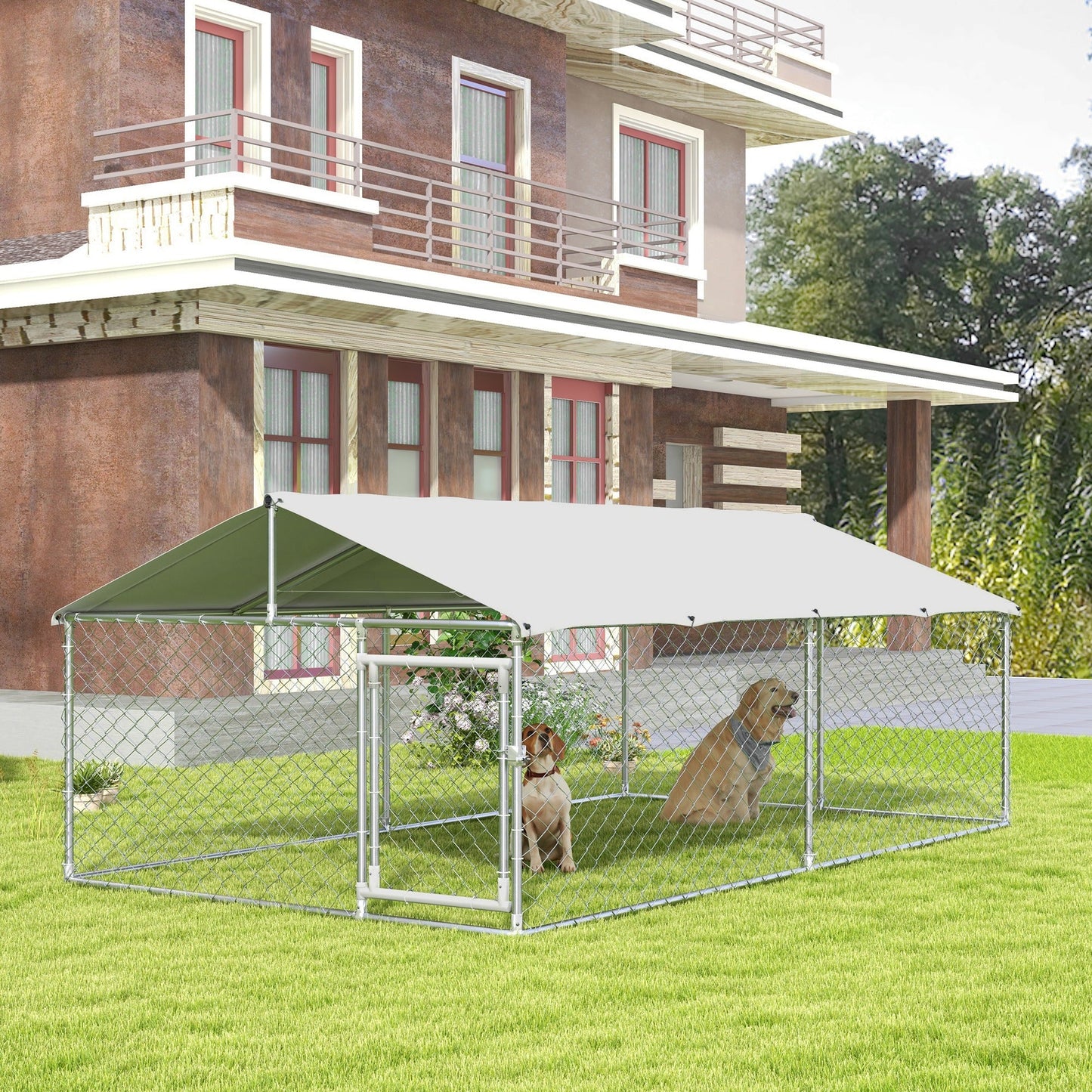 Outdoor Dog Kennel Dog Run with Waterproof, UV Resistant Cover for Medium and Large Sized Dogs, 13.1' x 7.5' x 4.9', Silver