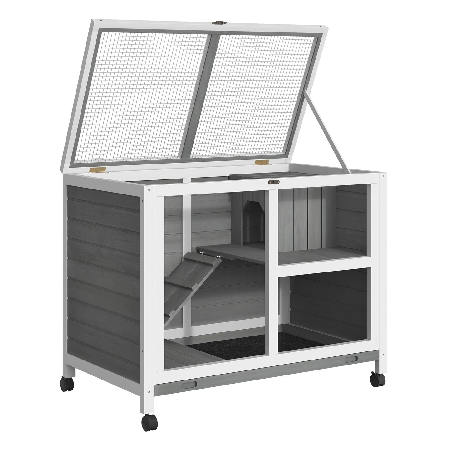 Indoor Rabbit Hutch with Wheels, Bunny Cage Guinea Pig House Small Animals Habitat W/ Top Access, Ramp, Pull Out Tray, Grey
