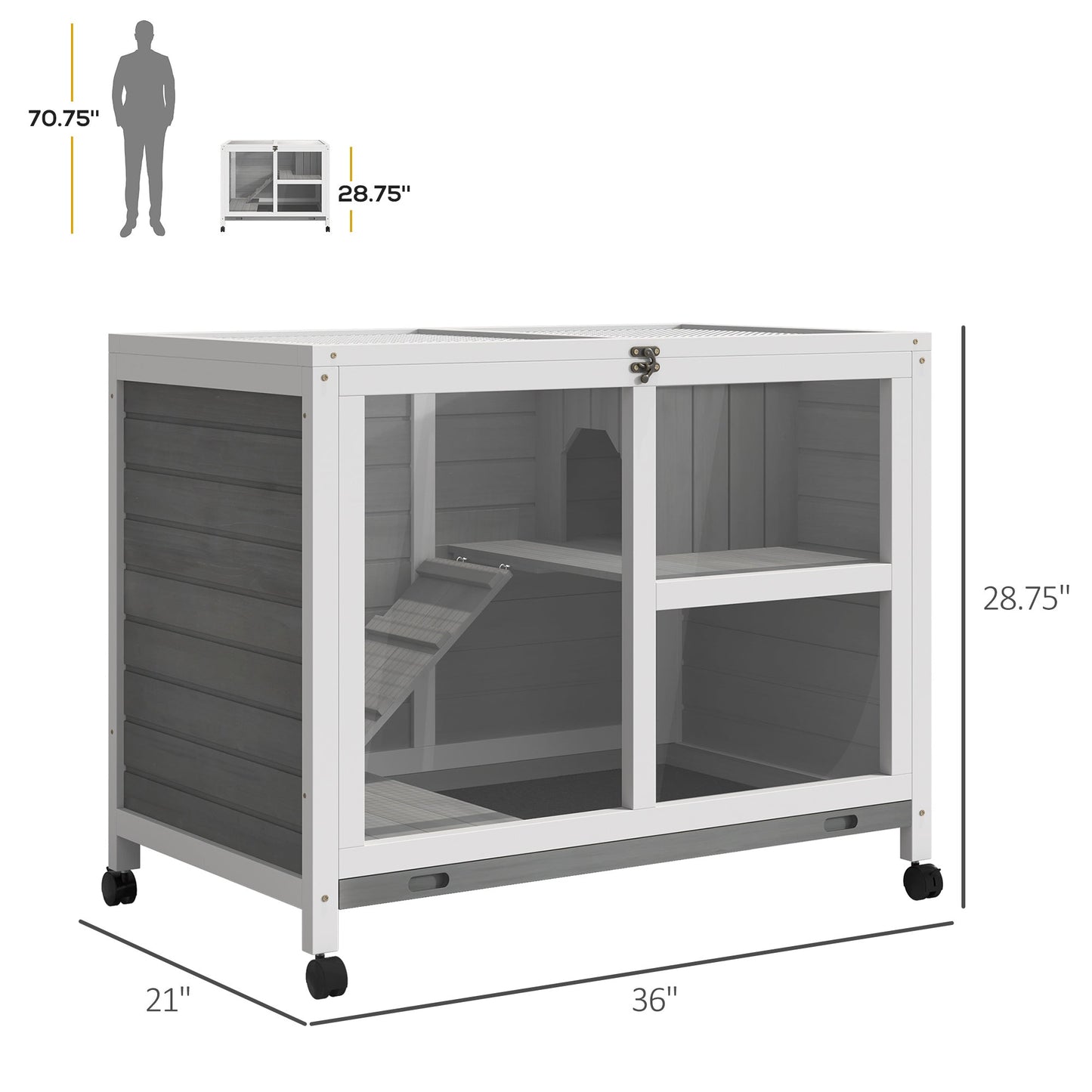Indoor Rabbit Hutch with Wheels, Bunny Cage Guinea Pig House Small Animals Habitat W/ Top Access, Ramp, Pull Out Tray, Grey
