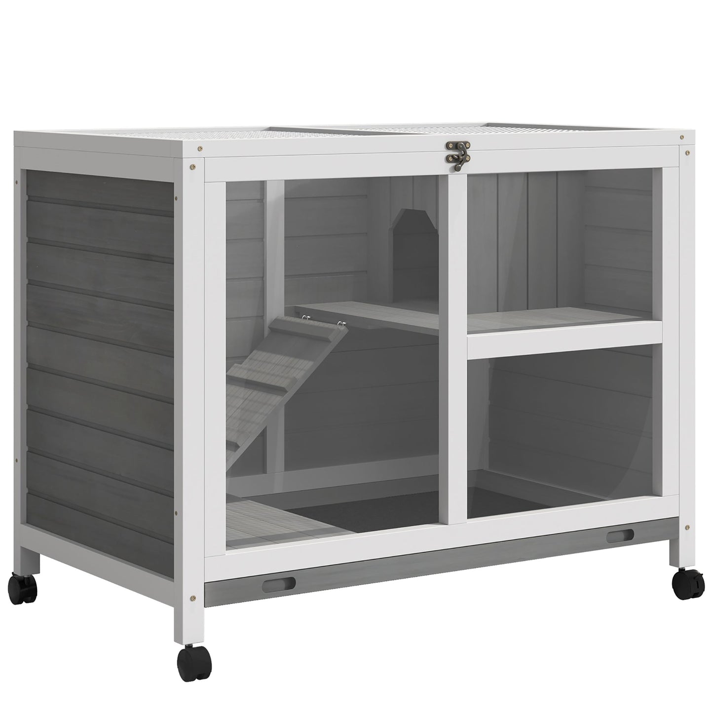 Indoor Rabbit Hutch with Wheels, Bunny Cage Guinea Pig House Small Animals Habitat W/ Top Access, Ramp, Pull Out Tray, Grey