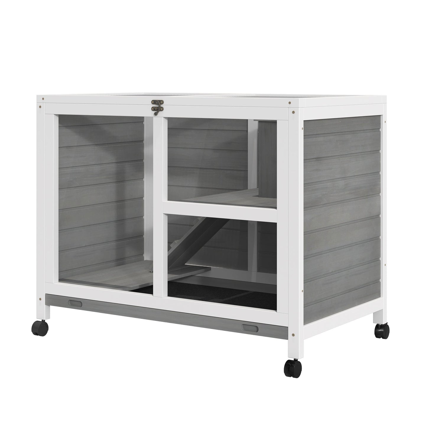 Indoor Rabbit Hutch with Wheels, Bunny Cage Guinea Pig House Small Animals Habitat W/ Top Access, Ramp, Pull Out Tray, Grey