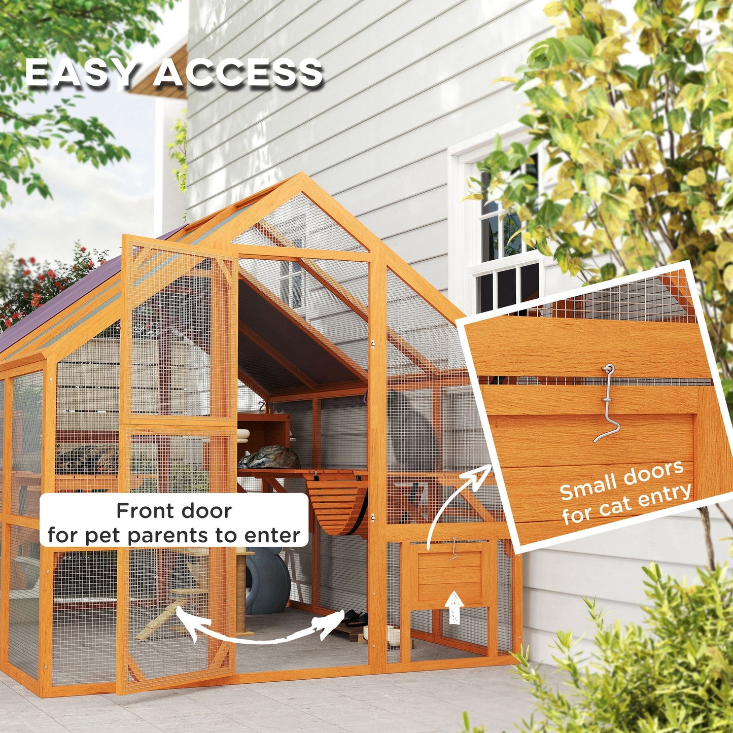 Catio Outdoor Cat Enclosure Wooden Feral House with Weatherproof Canopy, Bridges, Resting Boxes, Platforms, for 3-6 Cats, Orange