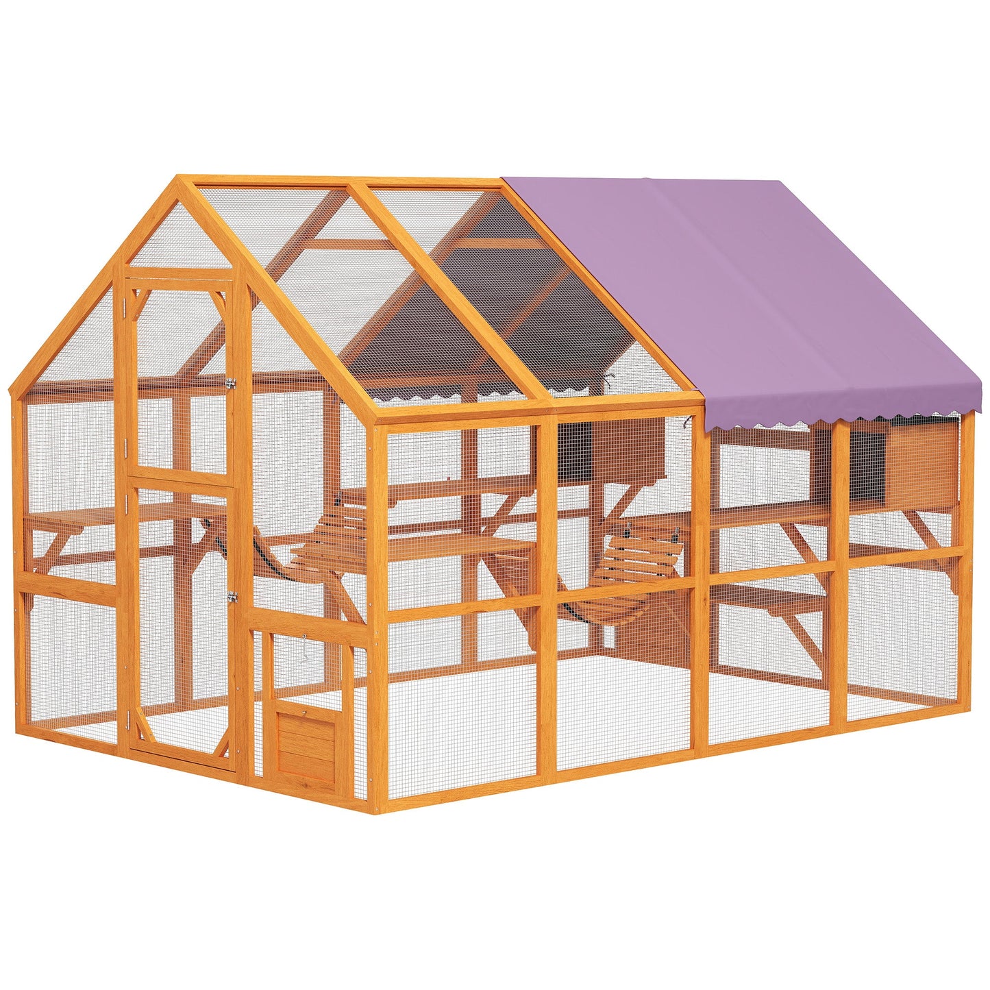 Catio Outdoor Cat Enclosure Wooden Feral House with Weatherproof Canopy, Bridges, Resting Boxes, Platforms, for 3-6 Cats, Orange