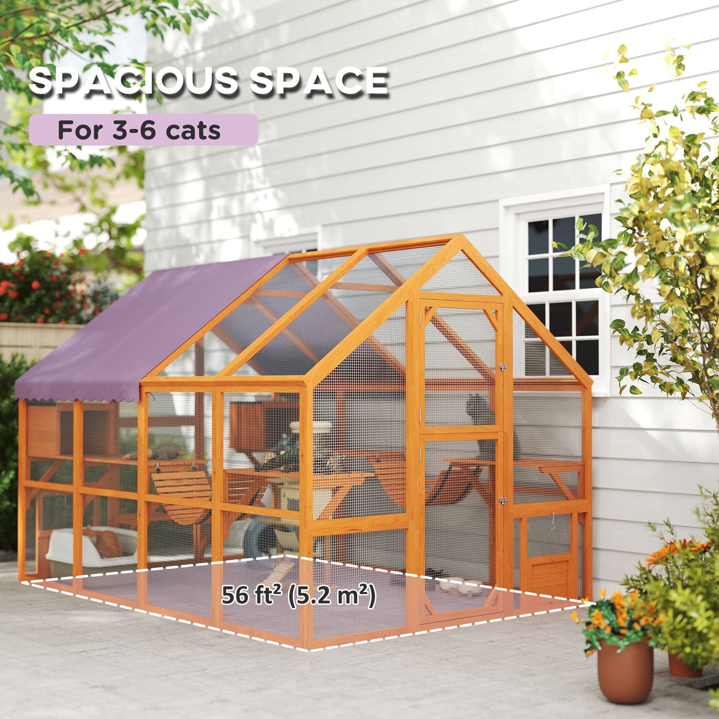 Catio Outdoor Cat Enclosure Wooden Feral House with Weatherproof Canopy, Bridges, Resting Boxes, Platforms, for 3-6 Cats, Orange