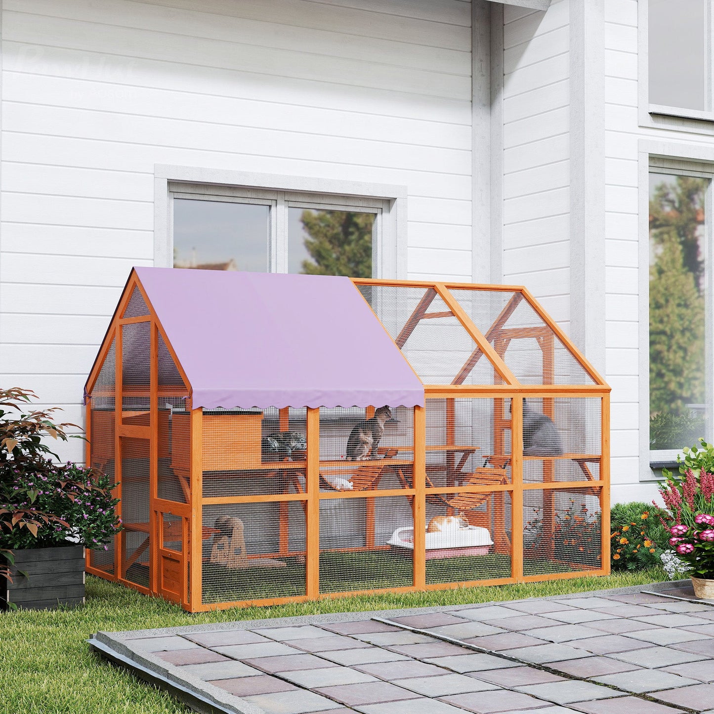 Catio Outdoor Cat Enclosure Wooden Feral House with Weatherproof Canopy, Bridges, Resting Boxes, Platforms, for 3-6 Cats, Orange