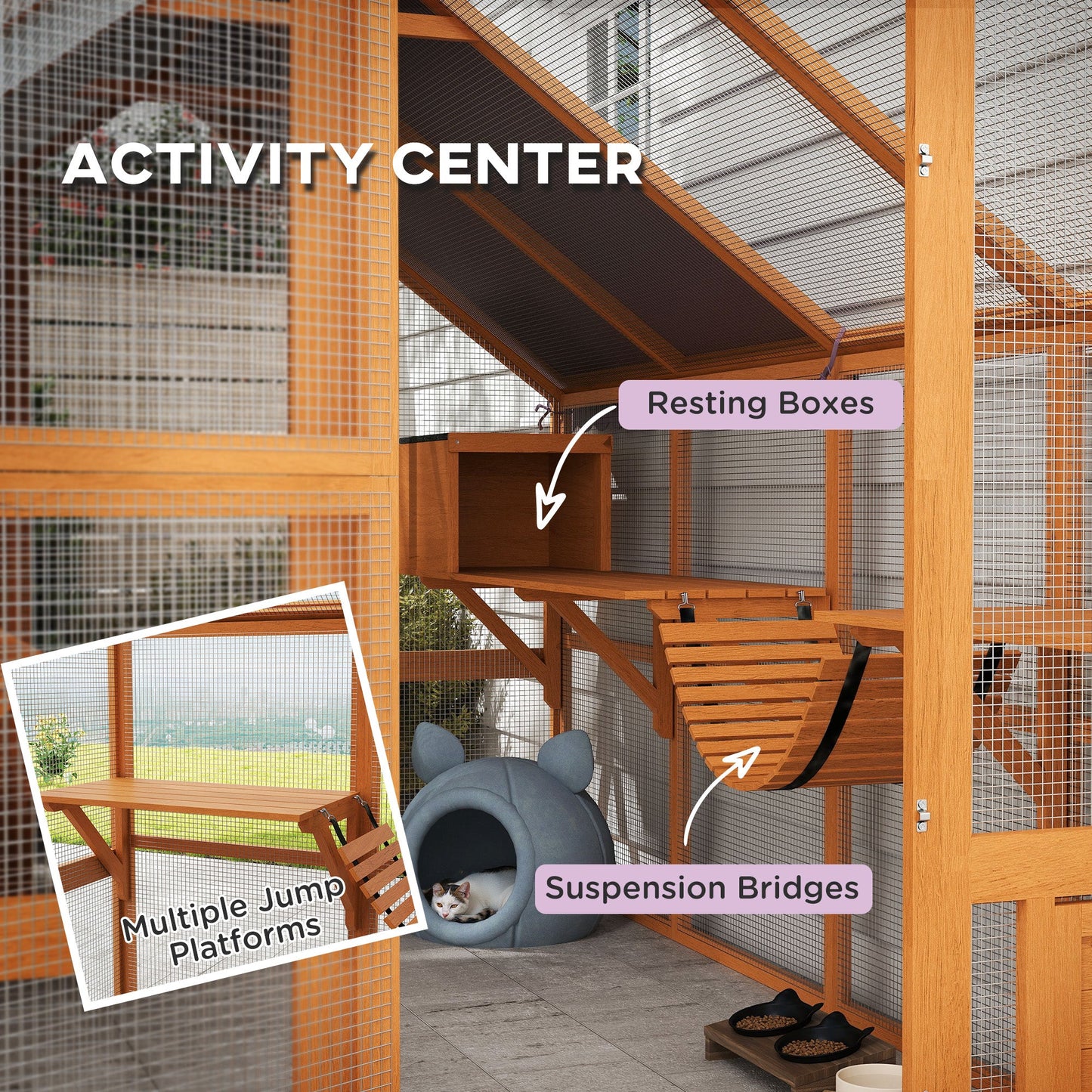 Catio Outdoor Cat Enclosure Wooden Feral House with Weatherproof Canopy, Bridges, Resting Boxes, Platforms, for 3-6 Cats, Orange