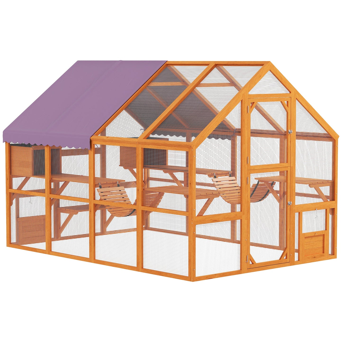 Catio Outdoor Cat Enclosure Wooden Feral House with Weatherproof Canopy, Bridges, Resting Boxes, Platforms, for 3-6 Cats, Orange