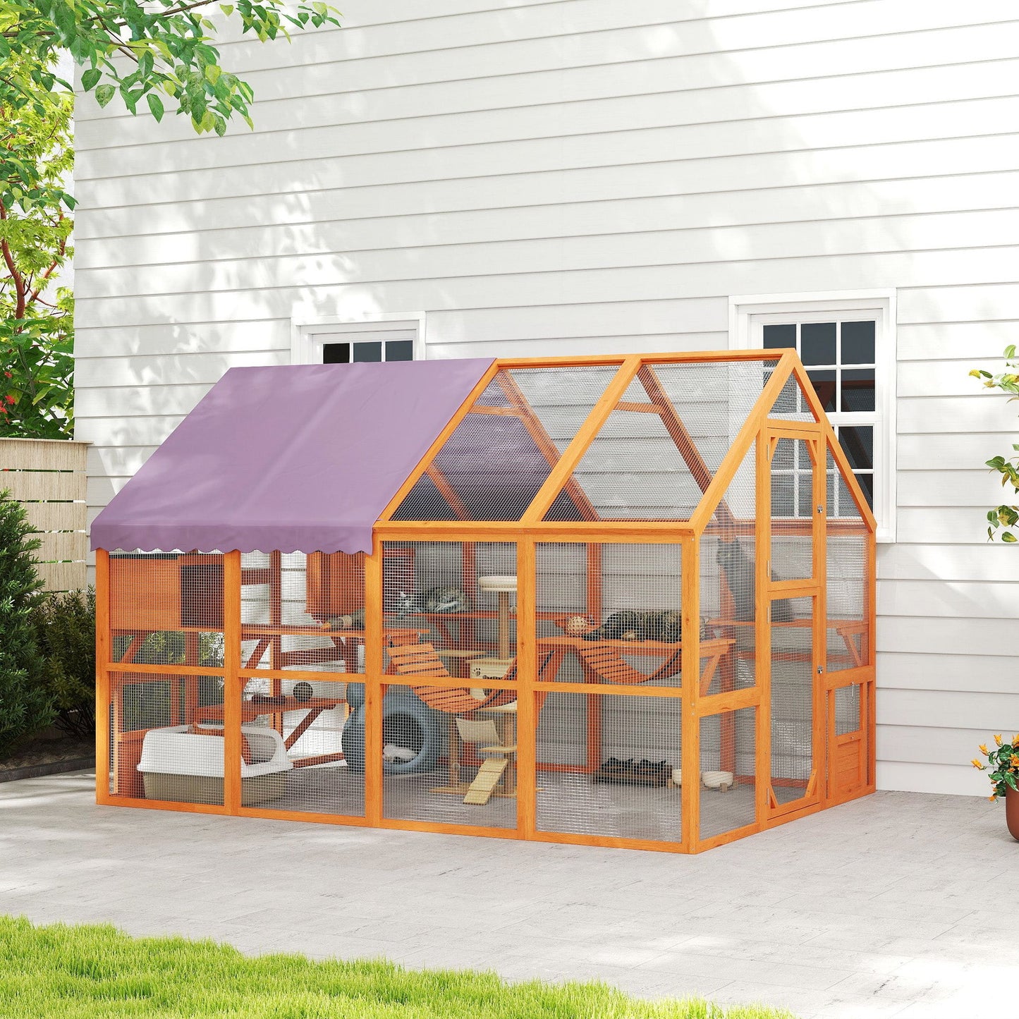 Catio Outdoor Cat Enclosure Wooden Feral House with Weatherproof Canopy, Bridges, Resting Boxes, Platforms, for 3-6 Cats, Orange
