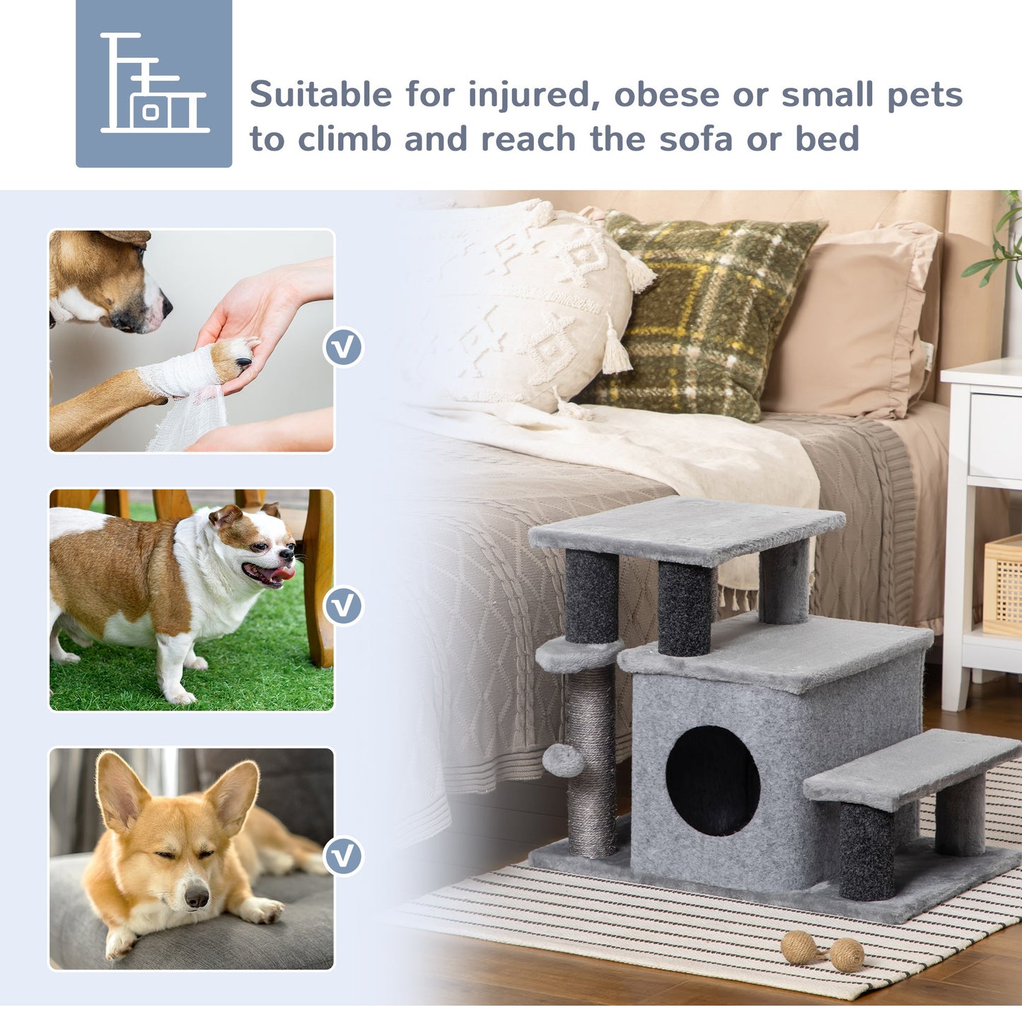 Adjustable Height Cat Stairs with Jute Scratching Posts, Cat House for Cozy Rest, Pet Steps for Couch Sofa and High Bed with Hanging Ball, Front Hole, Platform, Grey